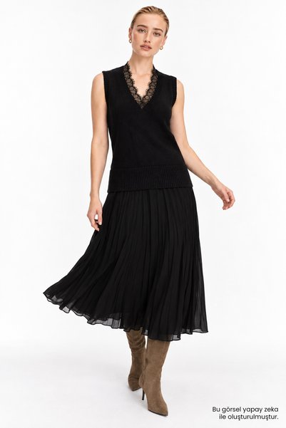 Exquise Lace Detailed Knitwear Top and Chiffon Skirt Midi Dress
