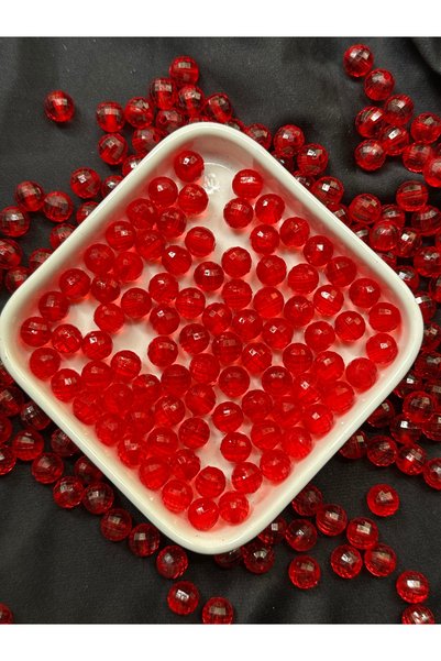 Bijumix Aksesuar 25 Gram 9,5 mm Şeffaf Kırmızı Fasetli Yuvarlak Akrilik Plast...