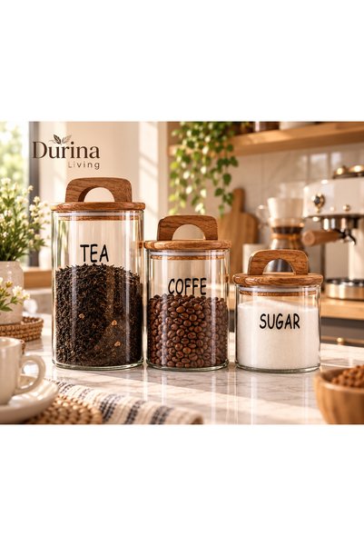 Durina Living 3-Piece Acacia Lid Glass Jar Set, Legumes and Food Storage Jar