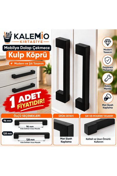 KALEMİO KIRTASİYE Mobilya Dolap Çekmece Kulp Köprü 96-128mm Mat Siyah Renk
