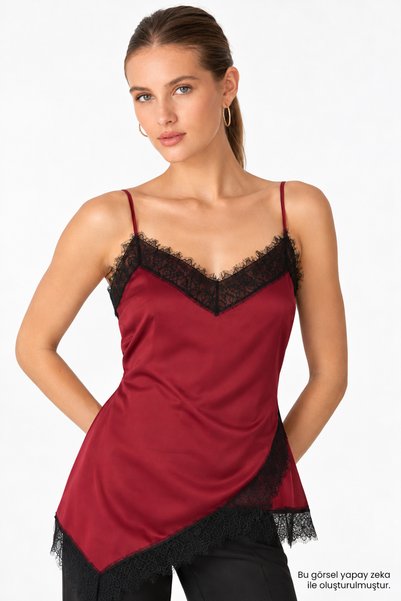 Exquise Lace Detailed Asymmetrical Cut Satin Blouse