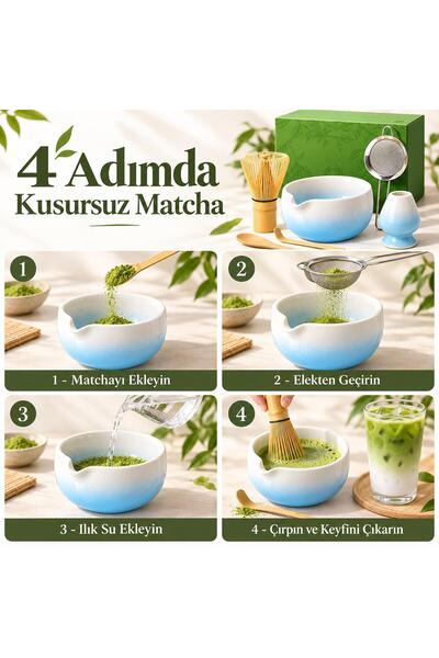 valkyrie 6 Parça Matcha Hazırlama Seti 530 ml Seramik Kase Bambu Çırpıcı Stand ve Süzgeç Mavi Beyaz