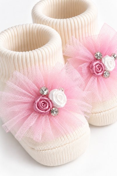 Babyhola 0-6 Ay Kız Bebek Çiçekli Saç Bandı ve Çorap Set Bebek Hediyesi