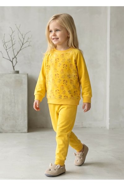 Ozmoz By Mukadder Özden Organik Çiçek Baskılı Sarı Kışlık Minik Kız Çocuk Pijama Takımı