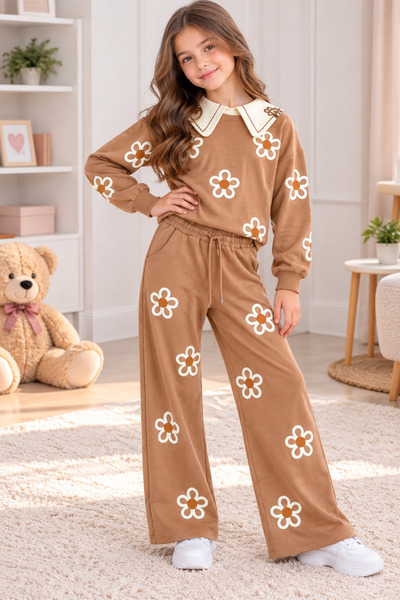 SERPİL Girl's Brown Floral Patterned Sweatshirt and Wide-Legged Trousers 2-Pi...