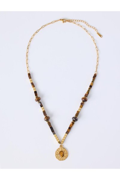 Jimmy Key Brown Ethnic Figured Stone Detailed Necklace