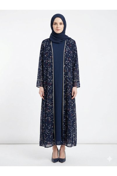 RIZQE Rizqé Midnight Navy Ditsy Floral Sheer Kimono Abaya Set
