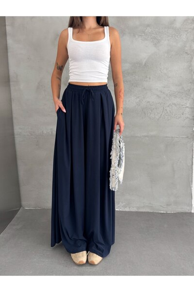 aselon Women's Wide-Lette Pants with Pleated Details in Sandy Fabric, Tesettü...