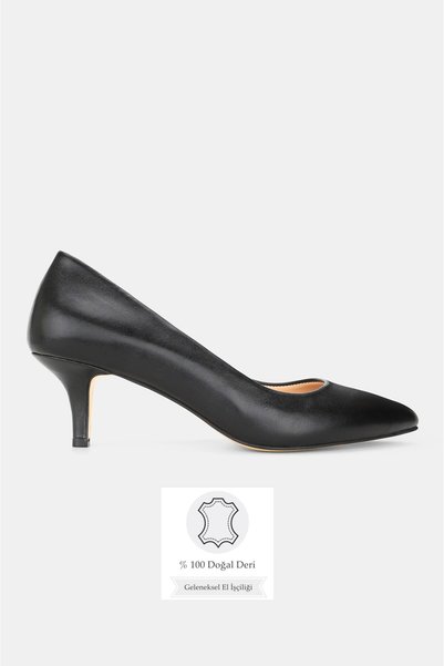 TUNAELLİ Women's Black Genuine Leather Short Heel Stiletto Shoes, Size 33-42