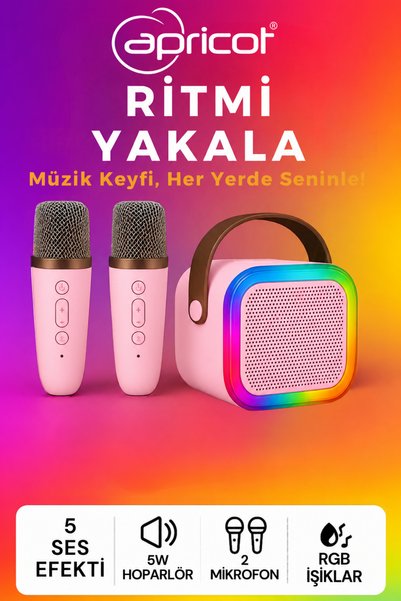Apricot Çift Mikrofonlu Pembe Karaoke Bluetooth Hoparlör Rgb Led Işıklı 5 Efektli Ses Bombası
