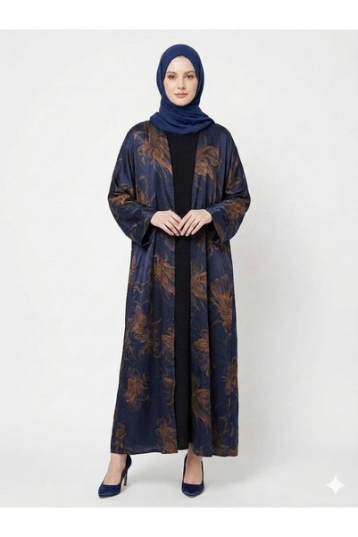 RIZQE Rizqé Midnight Navy & Gold Floral Satin Kimono Abaya Set