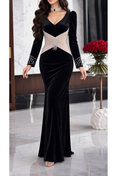 Nice Model فستان سهرة أسود فاخر مخمل بياقة V وتطريز حزام الخصر النود بالفصوص ...