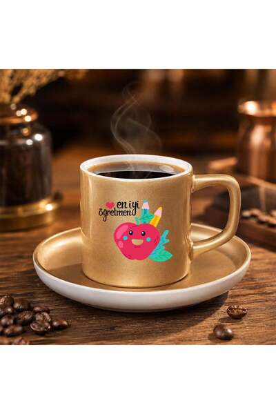 Bk Gift فنجان وصحن قهوة تركي ذهبي غير لامع بتصميم أفضل المعلمين -2