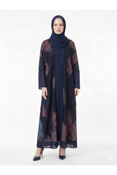 RIZQE Rizqé Midnight Navy Sheer Chiffon Printed Abaya Set