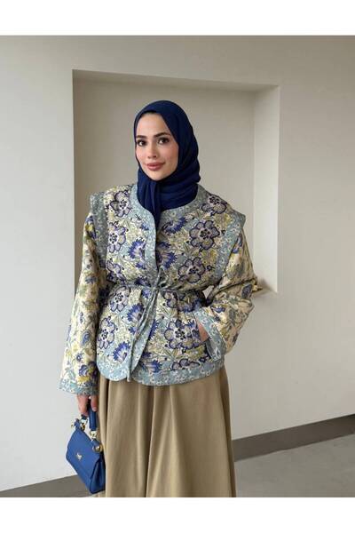 Palazzo Woman Kadın Mavi Desenli Tasarım Kapitone Ceket