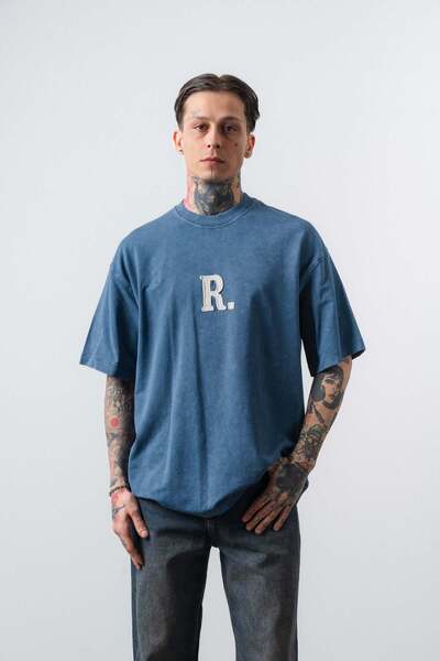 Respire Men's Oversized T-Shirt Embroidery Back Letter R Cotton Round Collar ...