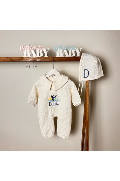 Lineda Name Embroidered Muslin Hospital Release Set of 2 100% Cotton