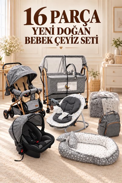 ÖYKÜ BEBEK DUNYASI 16 Parça Yeni Doğan Bebek Çeyiz Seti Full Set Bebek Arabas...
