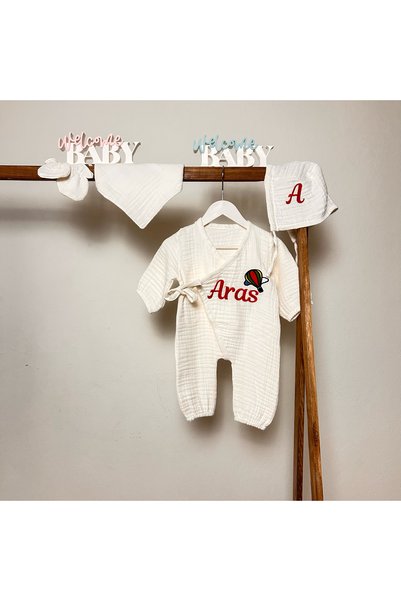 Lineda Name Embroidered Muslin Hospital Release Set of 4 100% Cotton