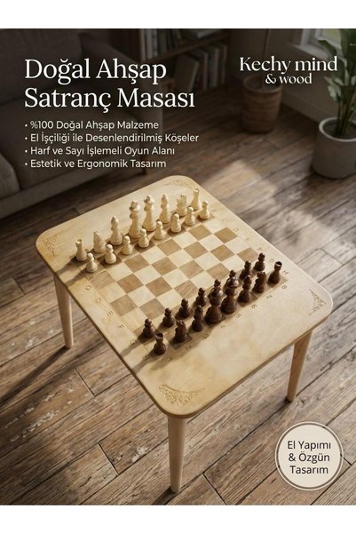Doğal Ahşap Satranç Masası Mind & Wood – El Işçilik Detaylı Harf ve Sayı Işlemeli Lüks Satranç Takım Akıl Zeka 56x40