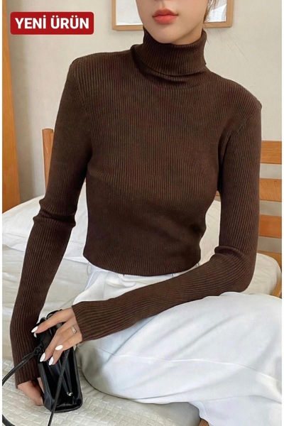 Buteks Acı Kahve Premium Cotton Turtleneck Camisole Shawl Collar Slimfit High...