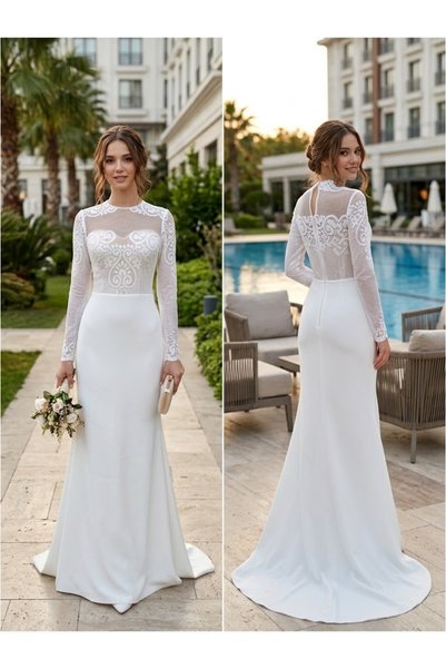 JABO WEDDİNG HOUSE GELİNLİK 34 BEDEN DANTEL DETAYLI KREP KUMAŞ UZUN KOLLU