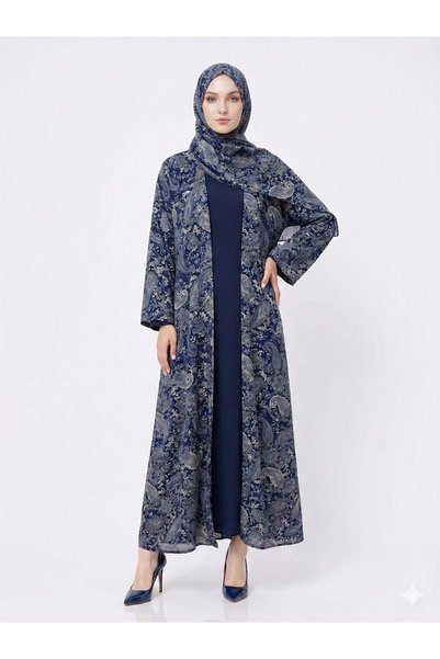 RIZQE Rizqé Midnight Blue Paisley Pashmina-Feel Kimono Abaya Set