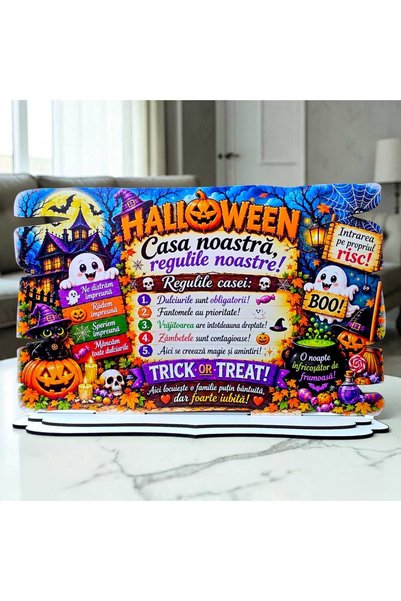 OEM Decor Halloween – Plachetă „Casa Noastră, Regulile Noastre!”, 28x18 cm