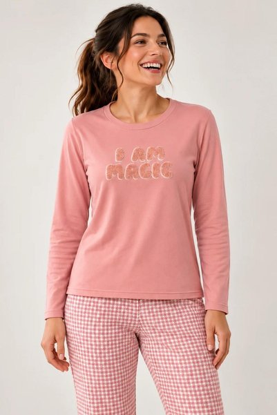 gd goldoremi Kadın Likralı Termal Kumaş Manşetli Uzun Kollu Pijama Takımı