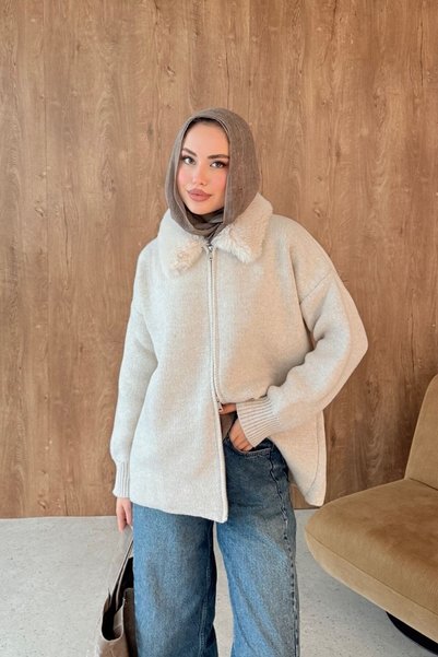 Şule Giyim Julie Kürk Yaka Hırka Taş