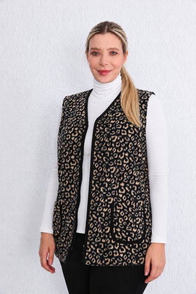Kardelen Butik Ümraniye Black Cream Leopard Vest Fleece