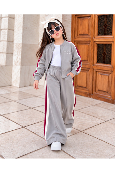 KOKOŞ BEBEK Girl's Oysho Fabric Burgundy Stripe Detailed Zippered Wide Leg 2-...