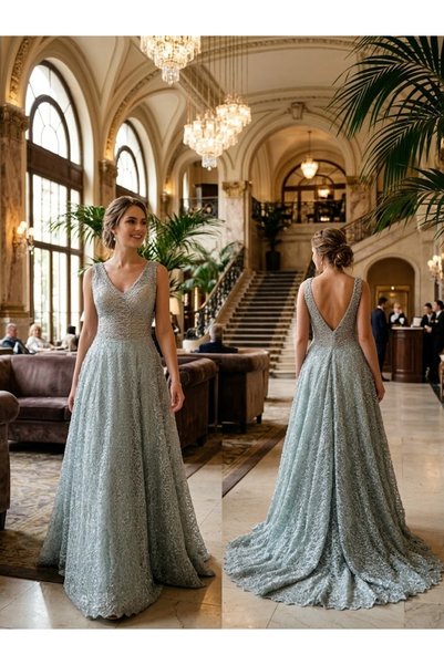 JABO WEDDİNG HOUSE MİNT YEŞİLİ GÜPÜR PAYET ELBİSE A KESİM