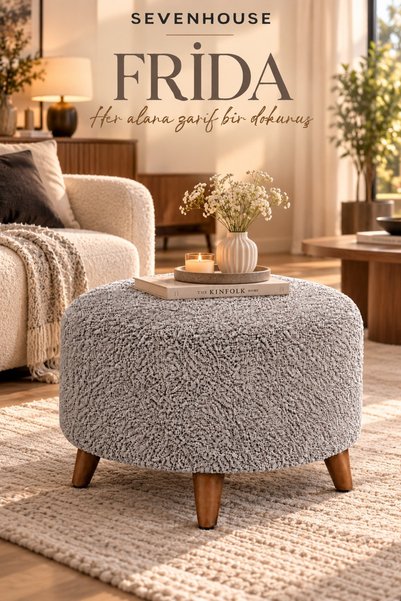 Seven House FRİDA Çok Amaçlı Dekoratif Puf Makyaj Pufu Salon Oturma Pufu Yatak Odası Puf Ahşap Ayaklı Teddy Kumaş Kaplı Puf 60 CM GRİ