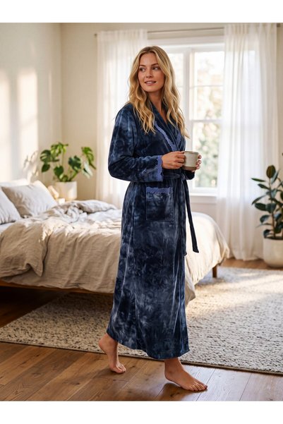 Lohusa Homewear Νέα συλλογή Ναυτικό μπλε χειμερινό σάλι με γιακά βελούδινο, ο...