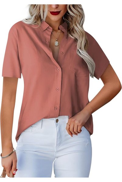 OtherMax Bluză Cămașă Damă Elegantă V-Neck Mânecă Lungă Buzunare Portocalie S