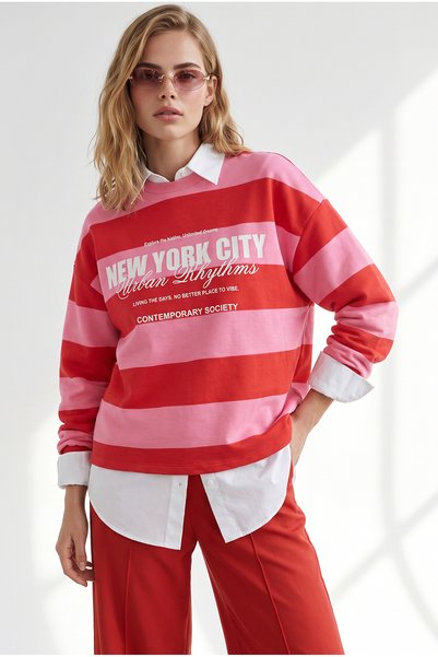 Olalook Women's Red Pink Thick Striped Printed Thick Non-Padded Sweatshirt Sw...