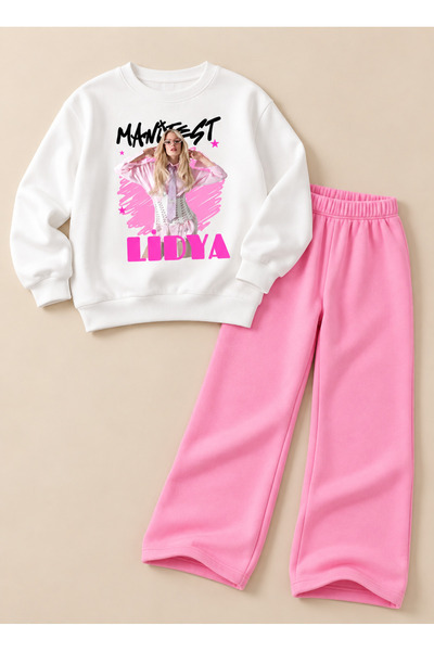 cc collection Manifest Kızları Baskılı Beyaz Sweatshirt ve Pembe Geniş Paça Ç...