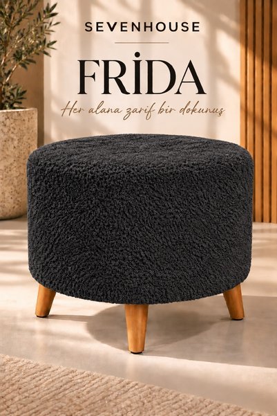Seven House FRİDA Çok Amaçlı Dekoratif Puf Makyaj Pufu Salon Oturma Pufu Yatak Odası Puf Ahşap Ayaklı Teddy Kumaş Kaplı Puf 60 CM