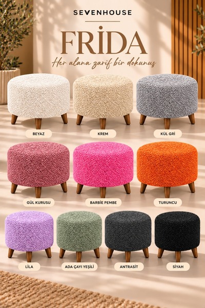 Seven House FRİDA Çok Amaçlı Dekoratif Puf Makyaj Pufu Salon Oturma Pufu Yatak Odası Puf Ahşap Ayaklı Teddy Kumaş Kaplı Puf 60 CM