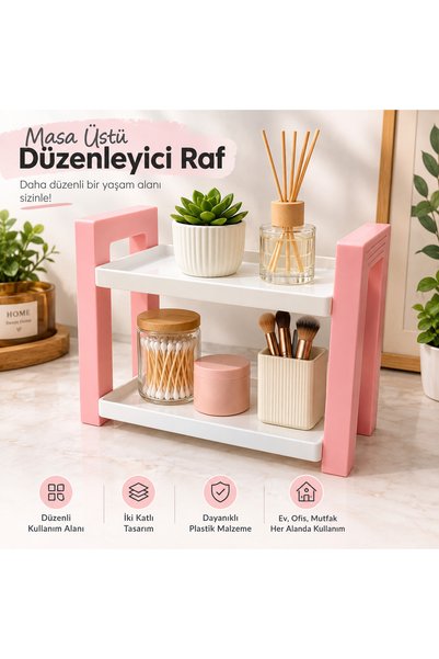 2 Katlı Masa Üstü Organizer Düzenleyici Raf – Pembe Beyaz Çok Amaçlı Banyo, Makyaj ve Mutfak Düzenleyici
