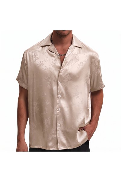 OtherMax Cămașă Bărbătească Satinată Jacquard Elegantă de Ocazie Stilată Bej XXL