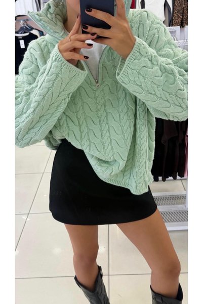 Bak'ap Pulover supradimensionat Premium Polo cu guler cu fermoar și model împ...