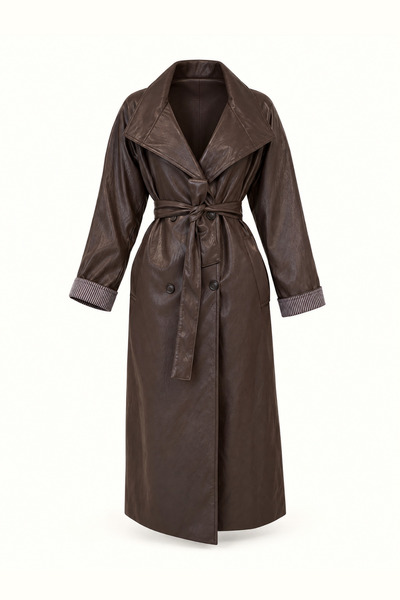 Sezgi Tekin Brown Oversize Leather Trench Coat