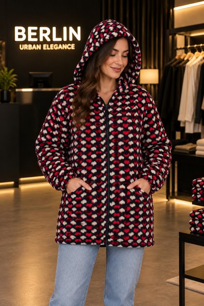 maisonvalenne Kadın Kapüşonlu Fermuarlı Ekose Desenli Cepli Uzun Polar Hırka