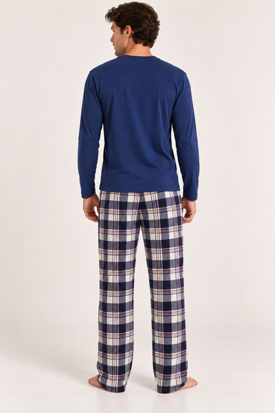 İPEKTENİM Mini Yazı Baskılı Ekoseli Couple Erkek Pijama Takımı