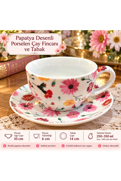 Atak Hediyelik Papatya Desenli Porselen Büyük Boy Çay Fincanı ve Tabağı – Ren...