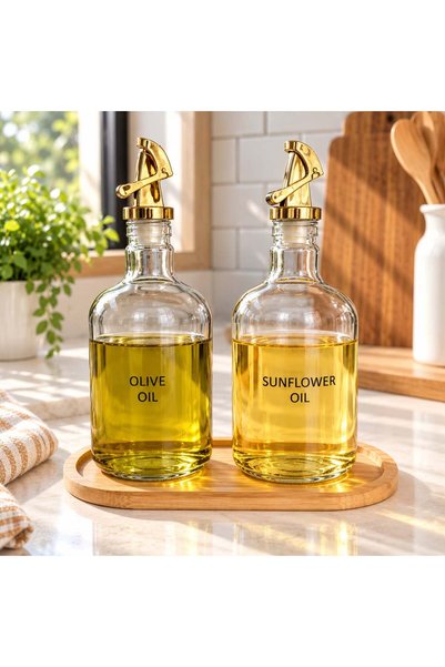 MODA OZY 2'li Gold Sızdırmaz Kapaklı Bambu Stantlı 750 ml Cam Yağlık Seti Suya Dayanıklı Etiket Dahil