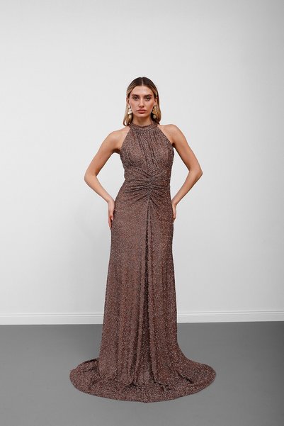 Serica Moda Copper Halter Neck Sequined Gathered Evening Dress