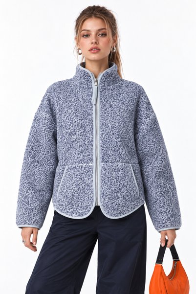 Mixray 4984 Kadın Fermuarlı Önden Cepli Dik Yaka Polar Sweatshirt Gri